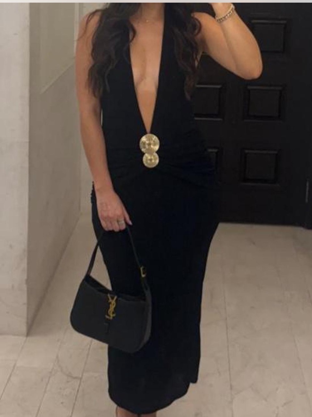 SHEIN Black Plunge Maxi Dress with Gold Embellishment